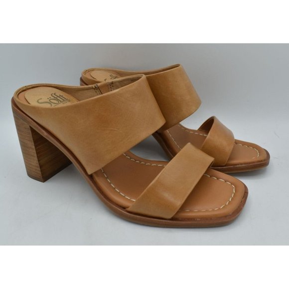 Sofft Womens Size 7.5 Sheila Caramel Tan Leather Heeled Slip On Open Toe Sandals - Picture 3 of 11
